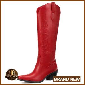 Knee High Wide Calf Cowboy Boots with Chunky Heel and Side Zipper